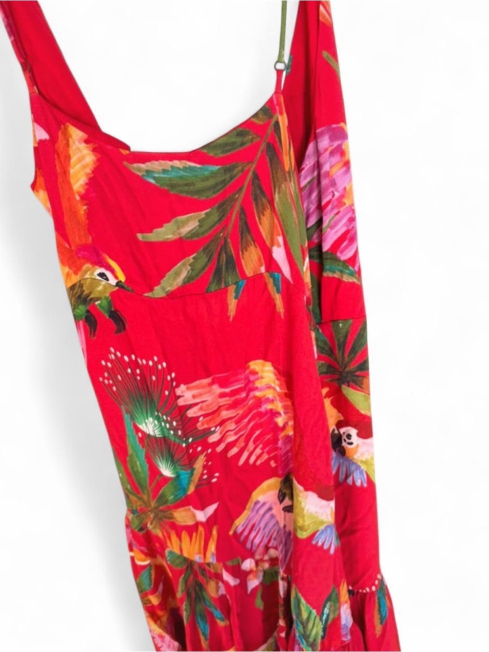FARM Rio Red Macaw Wrap Dress, vibrant, tropical print, wrap silhouette, Sz M - Picture 5 of 5